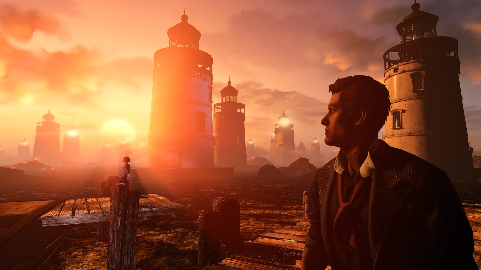Booker watching a figure on a pier across a field of lighthouses beneath a setting sun