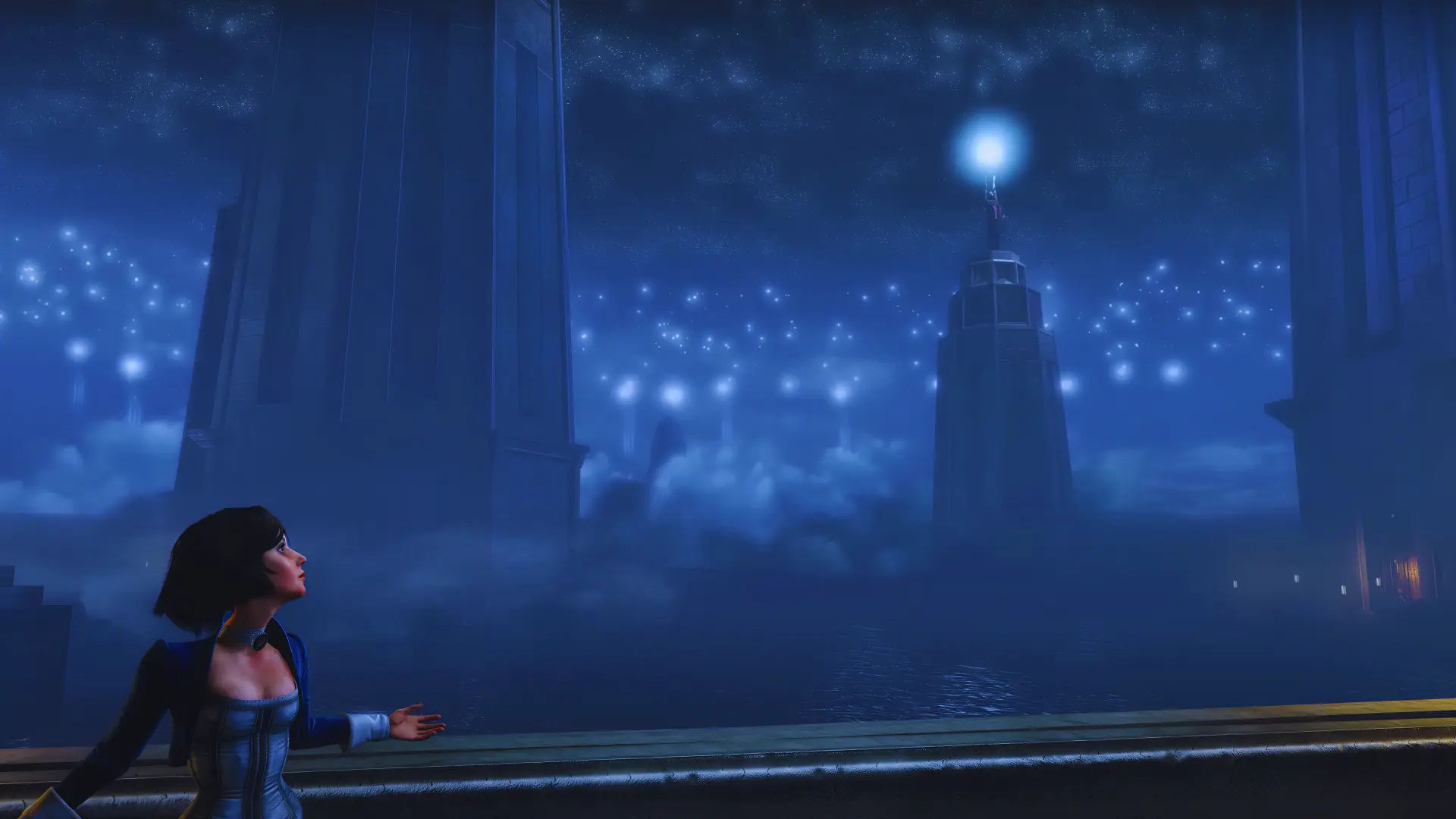 A misty night city by the water, Elizabeth looking up at the towers and a glowing statue