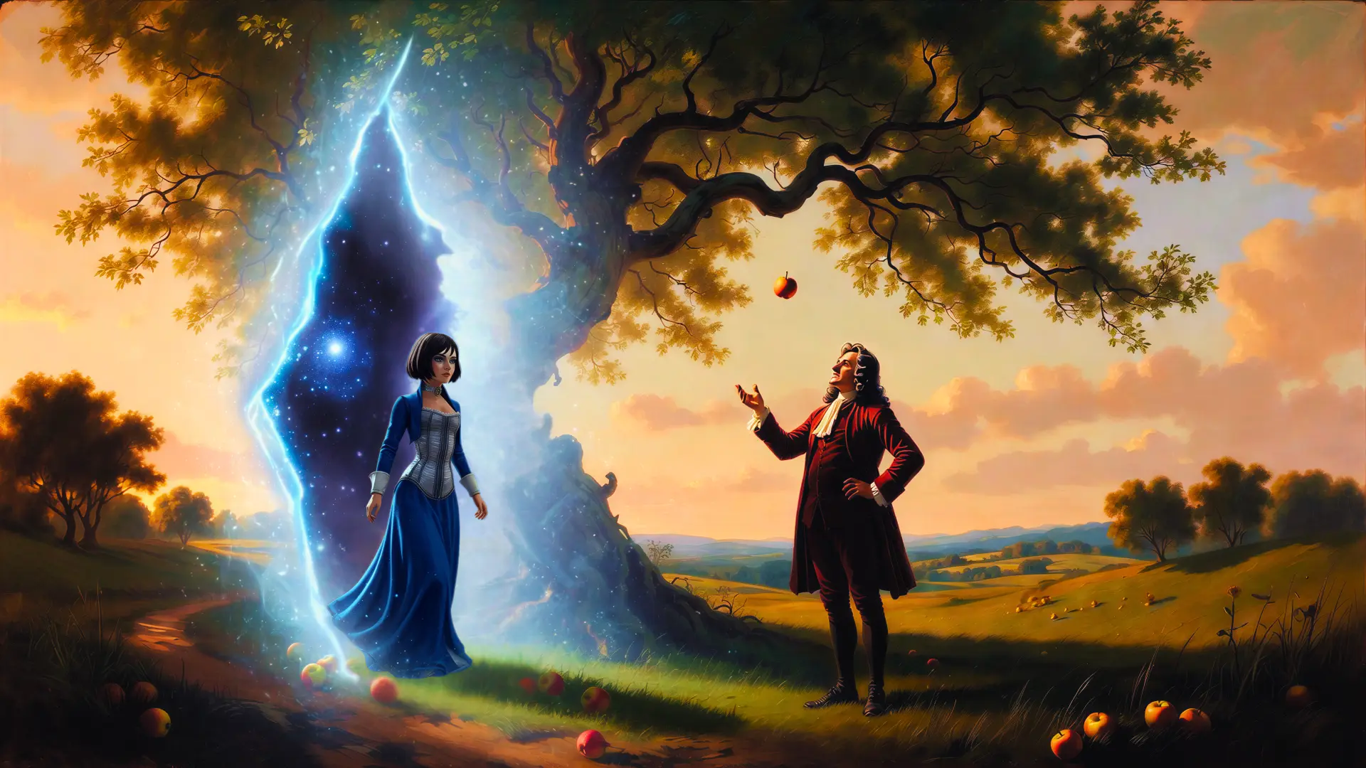 Newton watching an apple fall beneath a tree in a golden landscape, with Elizabeth beside a glowing blue tear on the left