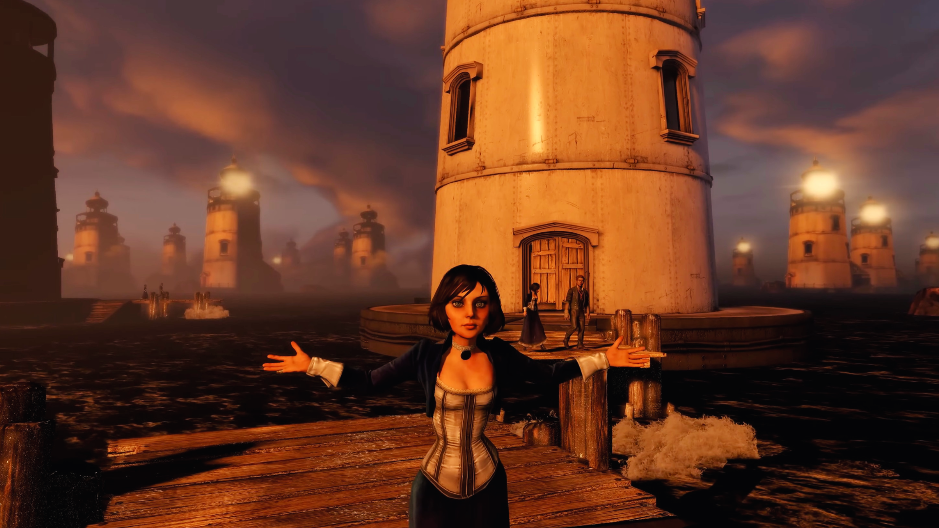 A woman standing on a wooden pier with her arms open, a great lighthouse rising behind her and countless smaller lighthouses glowing across dark water