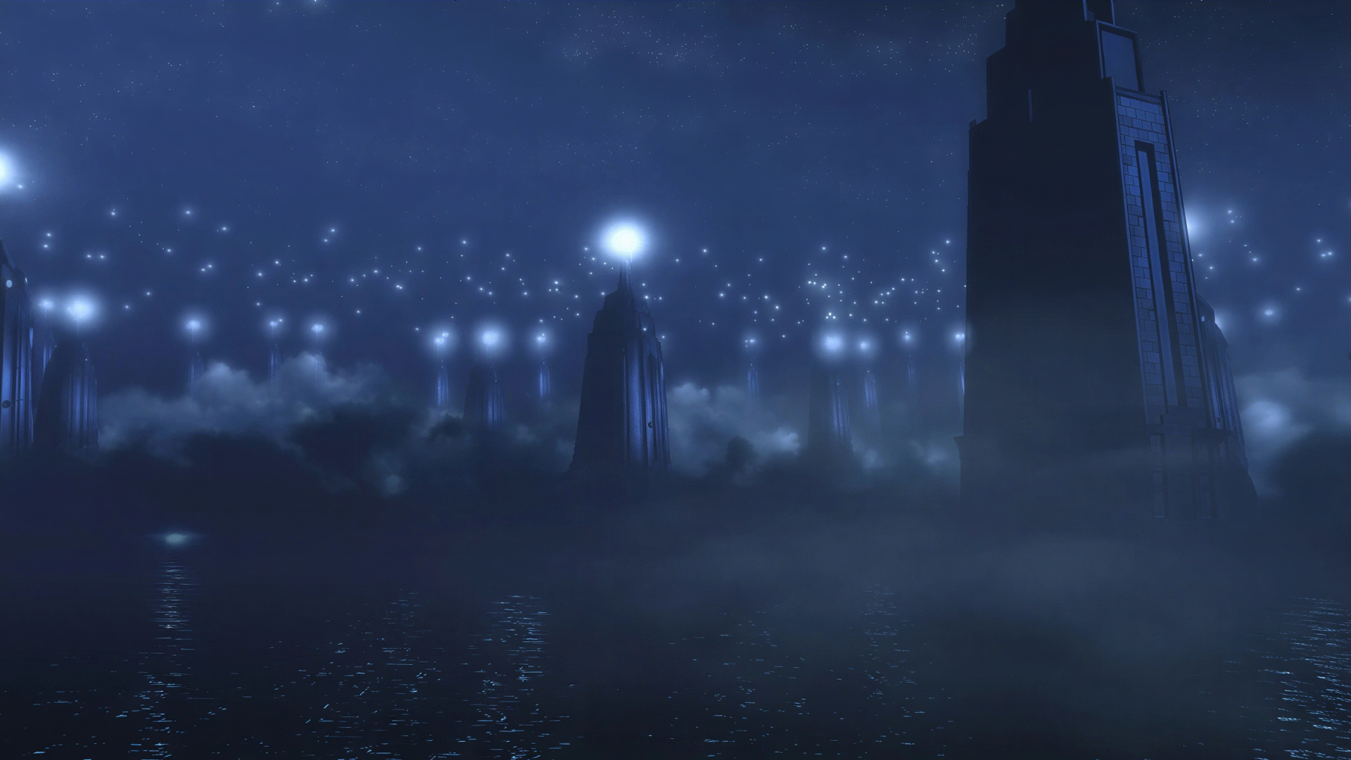An endless field of lighthouse towers rising from fog and water, each carrying its own light