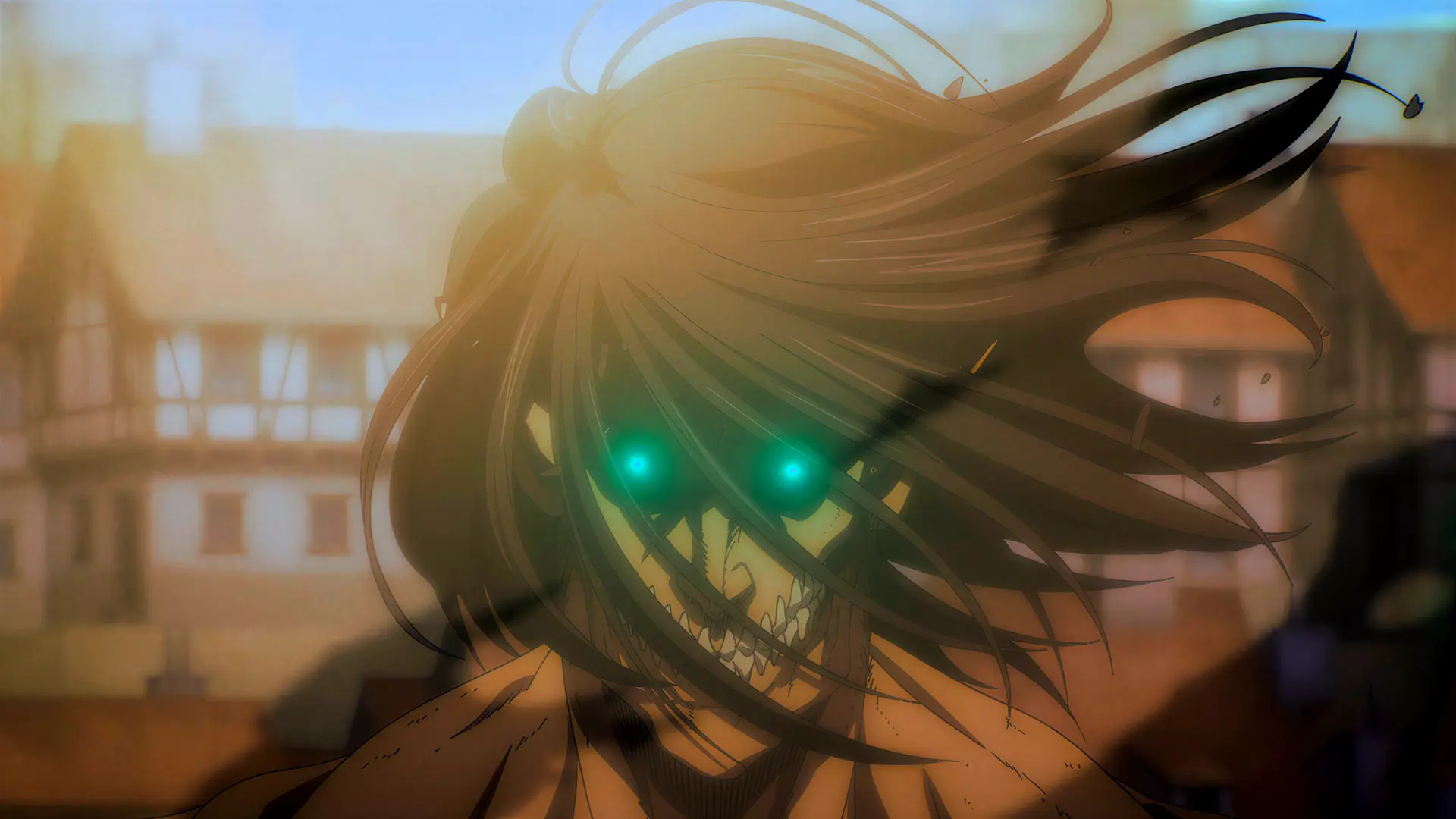Eren's Titan sprinting forward, its eyes glowing emerald green
