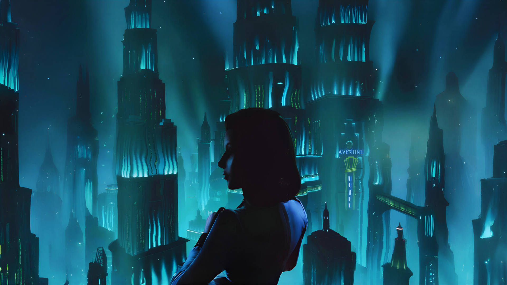 Elizabeth overlooking a cyan-lit city